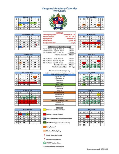 Vanguard Academy Calendar